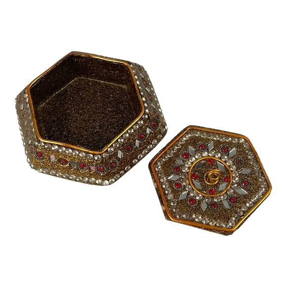 Vintage Jeweled Enameled TRINKET BOX & LID 3.5" Hexagon Jewelry Ring Salt Box - Picture 3 of 7
